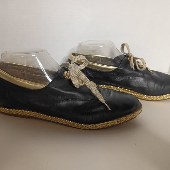 Y2K BALLY "Jallut" Italian Oxford Flats Black Leather Gold Trim Sz 9M - Picture 6 of 15